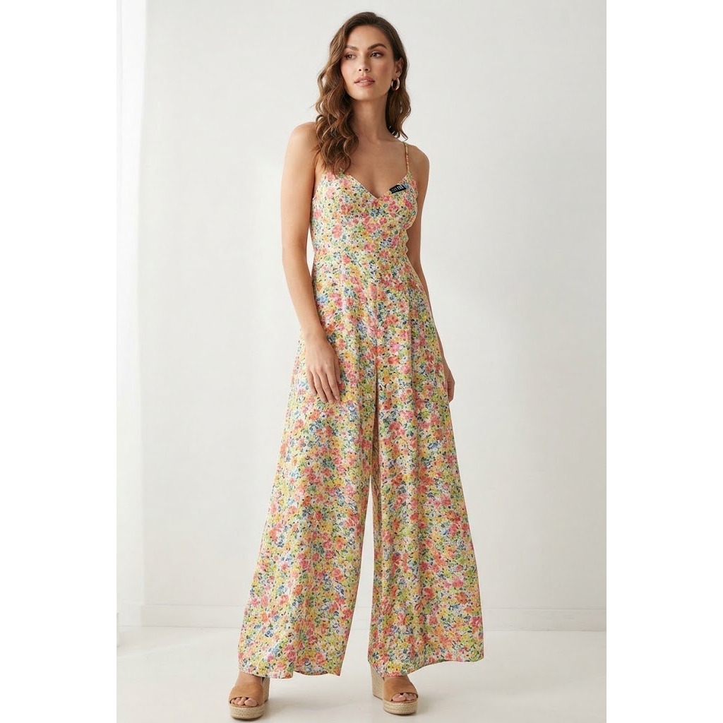 Afrm A Revolve Brand Floral Jumpsuit Size M. Boho Cottagecore Wide Leg Halter